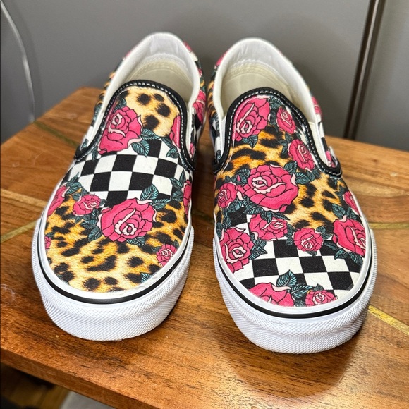 Vans Women's Rose and Leopard Checkered Slip-On Sneakers - Picture 2 of 5
